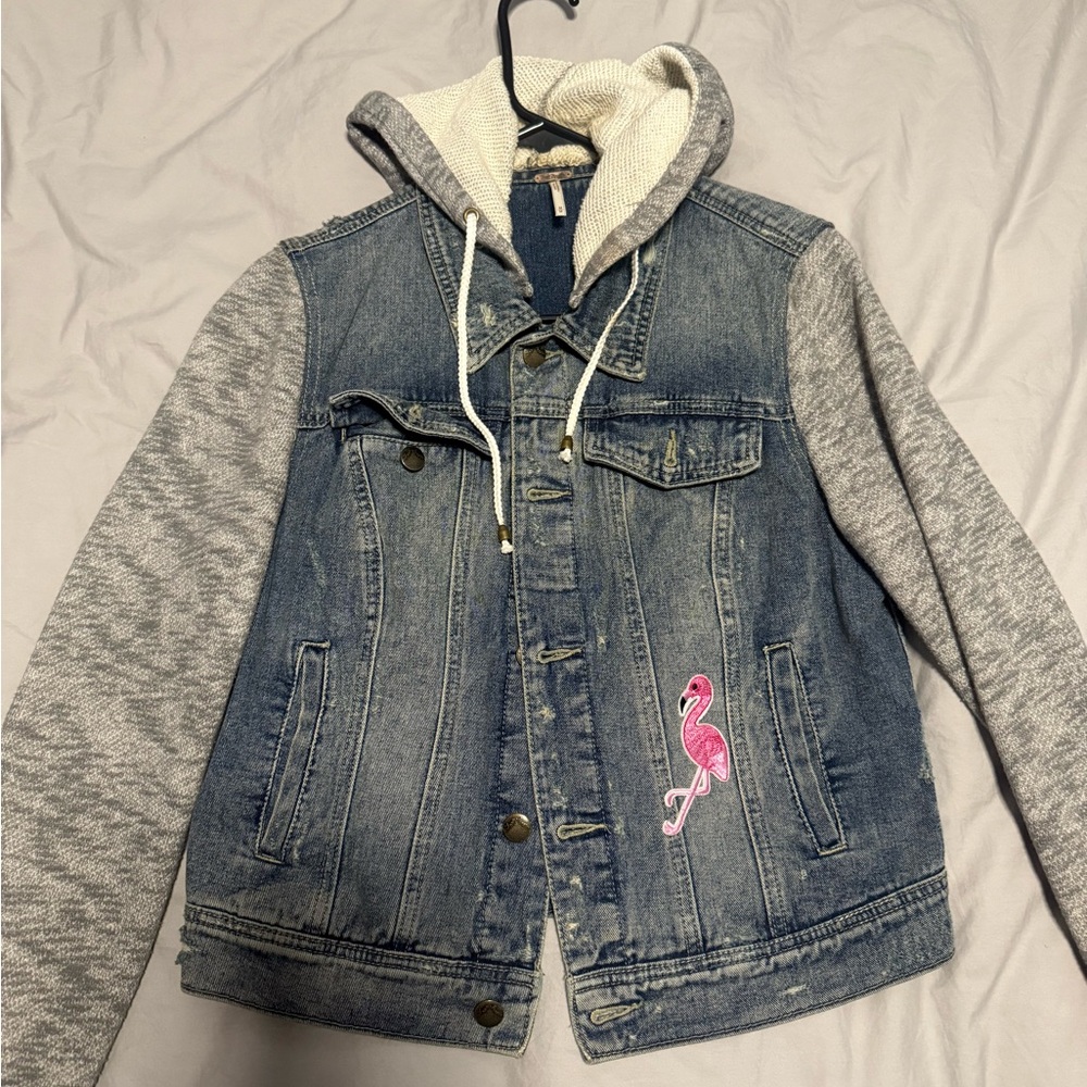 FP Movement by Free People Denim Jacket with Gray Sleeves and Pink Flamingo